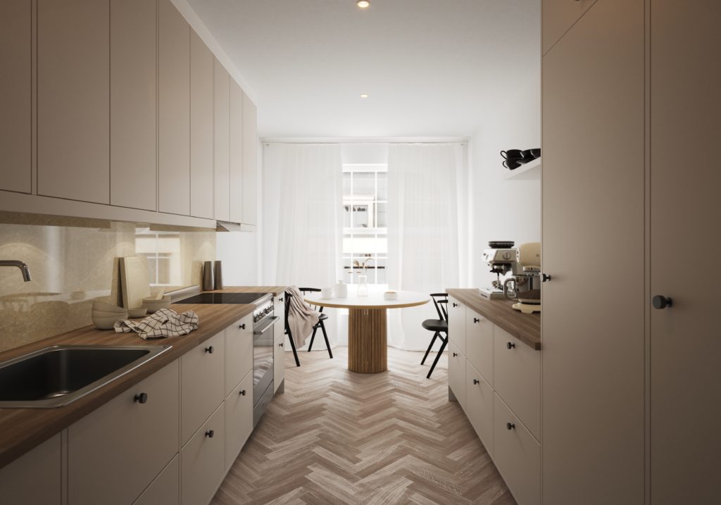 Kök med beige köksluckor, Arkitekt 19, Nordanro Flex