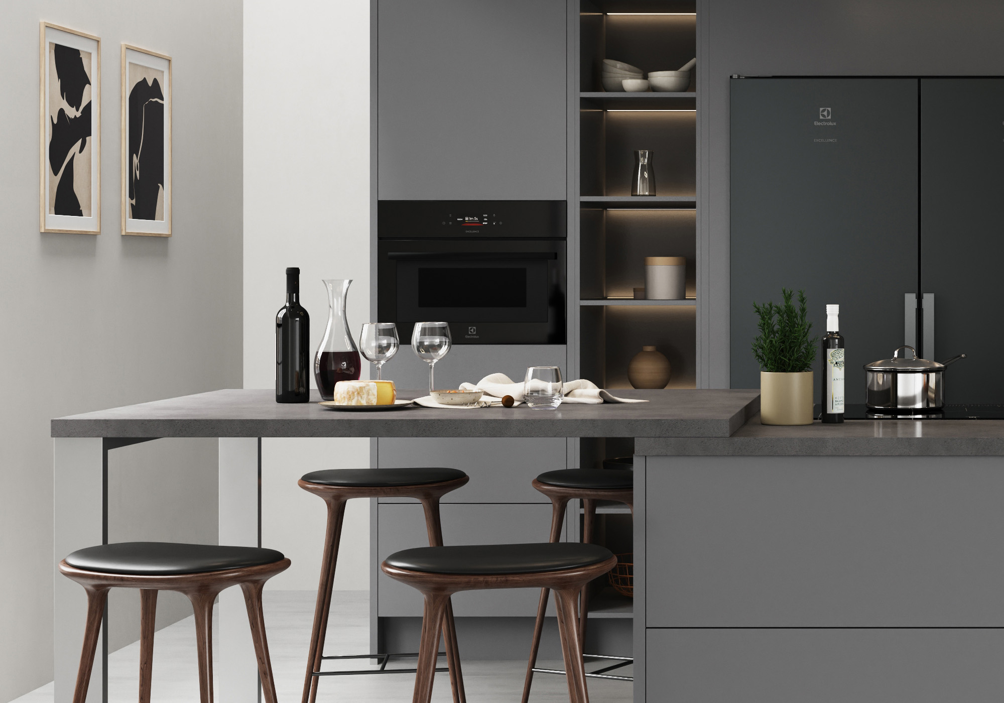 Detaljbild på modernt kök med skiffergrå luckor. Med köksö i fögrunden.