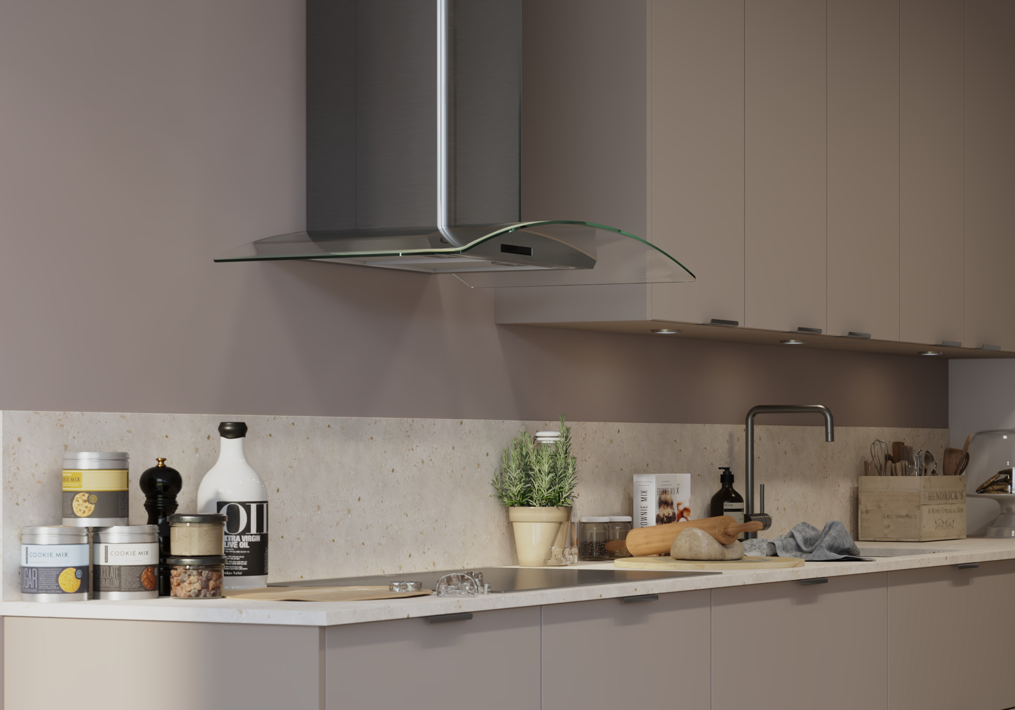 Köksbänk med saker på, spis och köksfläkt.