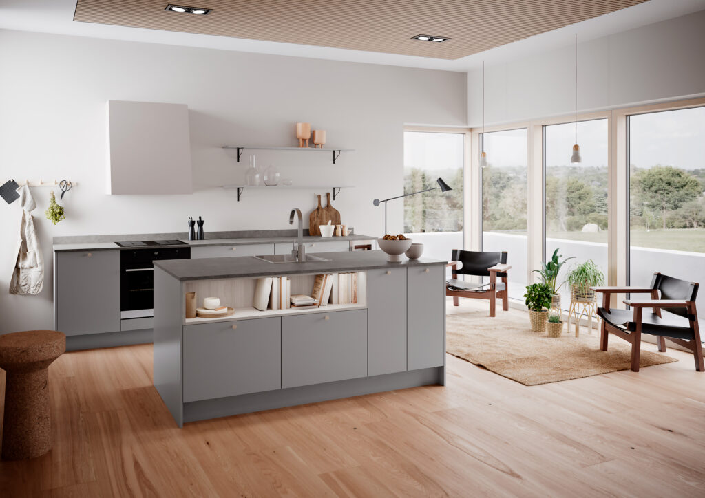 Modernt öppet kök i grått