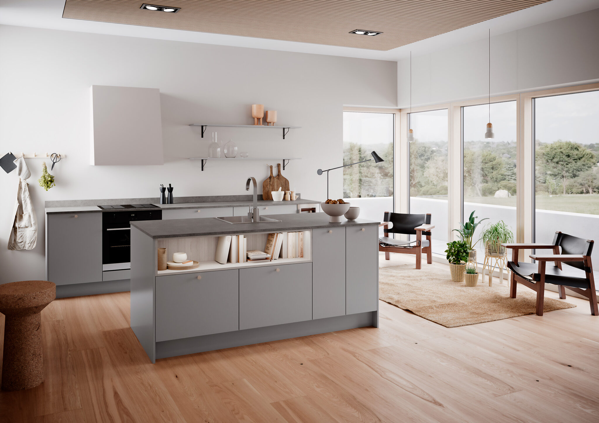 Modernt öppet kök i grått