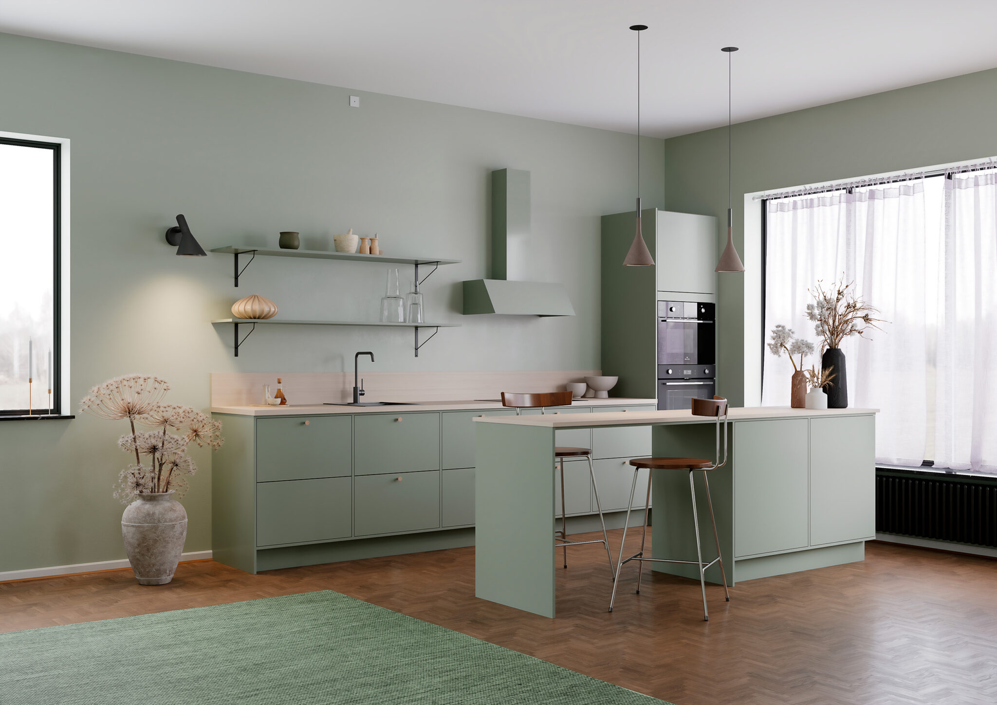 Ett modernt kök helt i grönt