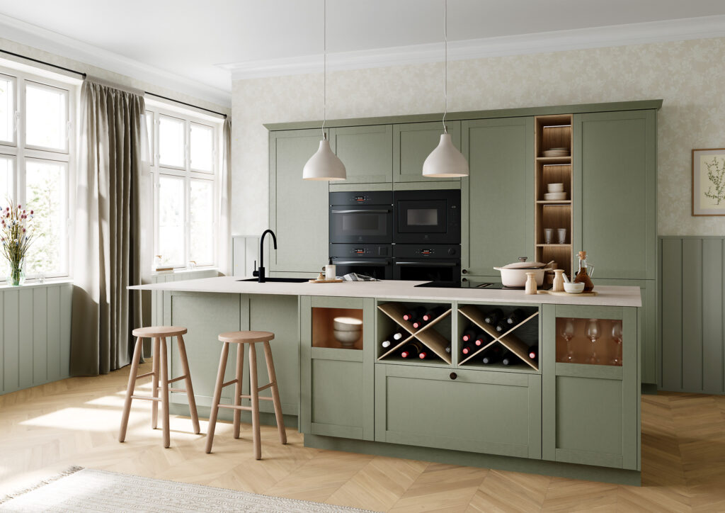 Ett olivfärgat shaker kök