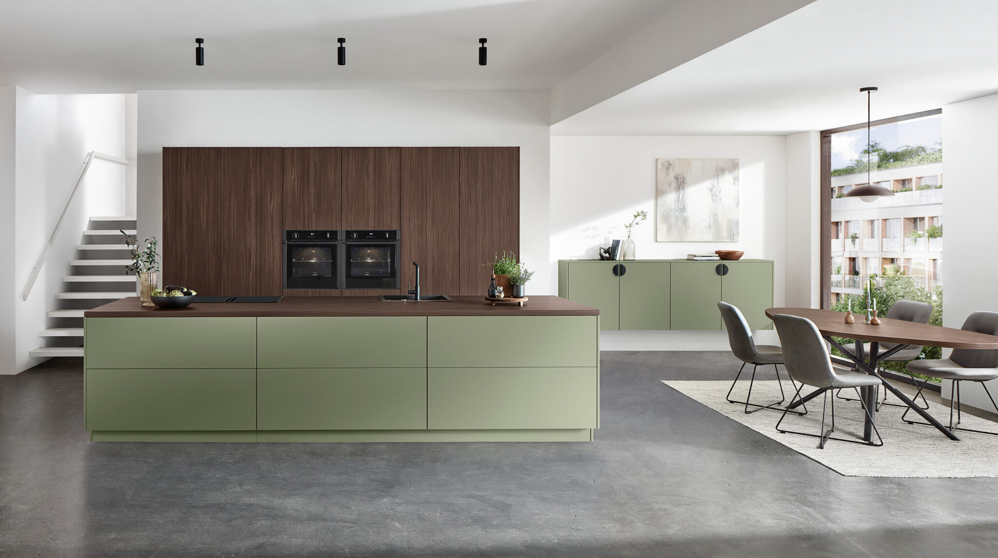 Modernt olivfärgat kök med inslag av valnöt