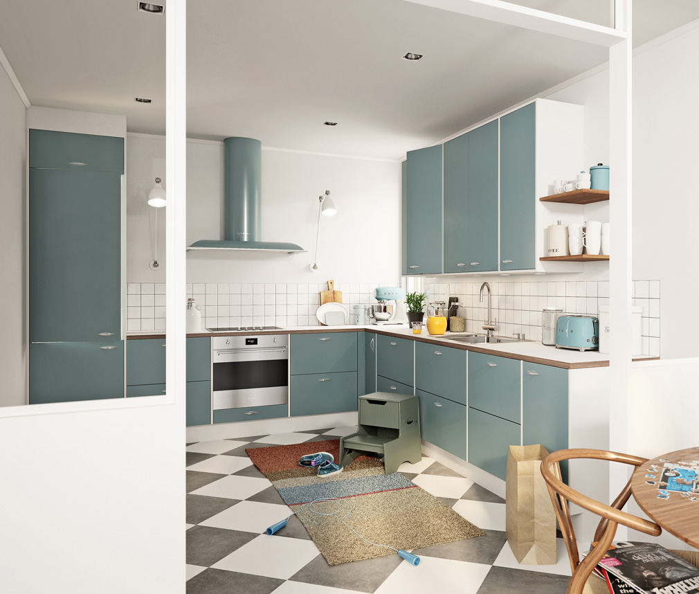 Ett retrokök i blå färg Ett retrokök i blå färg