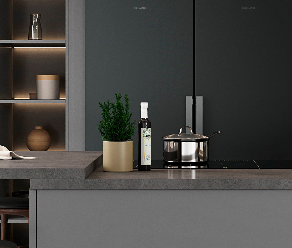 Modernt skiffergrått industrikök