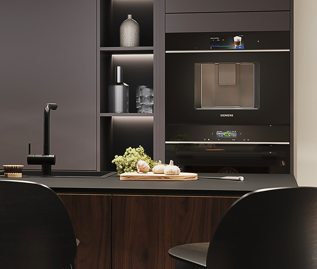 Modernt kök i grafitsvart och valnöt Modernt kök i grafitsvart och valnöt