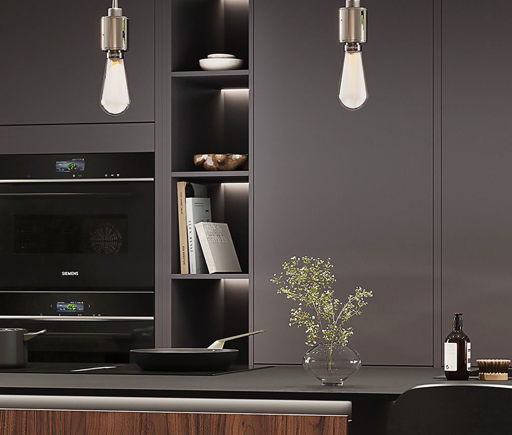 Modernt kök i grafitsvart och valnöt Modernt kök i grafitsvart och valnöt